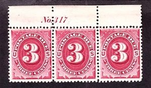 US J24 3c Postage Due Mint Plt #317 Strip of 3 VF-XF OG NH SCV $540 - Picture 1 of 2