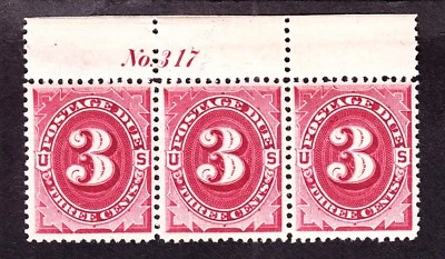 US J24 3c Postage Due Mint Plt #317 Strip of 3 VF-XF OG NH SCV $540 - Image 1 of 2
