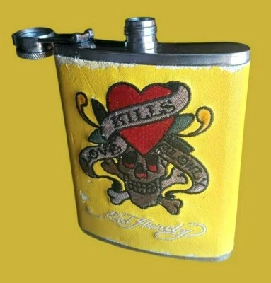 Ed Hardy Christian Audigier 7 oz. Frasco de acero inoxidable Love Kills Slowly Yellow Foto 1 de 4
