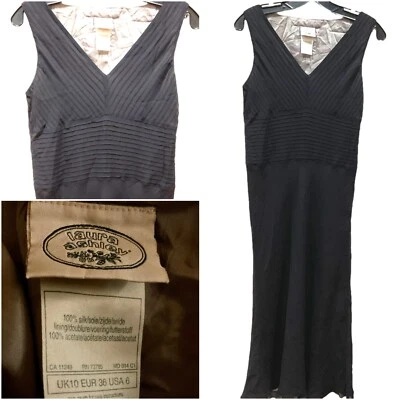 Vestido Laura Ashley 100% Seda Negro Vestido Midi Talla 6 Sin Mangas Ajustado Cuello en V S Foto 1 de 4