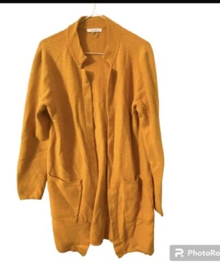 Cárdigan Sioni Mezcla Lana Acanalado Línea Larga Frente Abierto Mostaza Talla Mediana. Foto 1 de 4