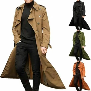 Trendy Men's Autumn Lapel Long Trench Coat Military Work Duster Jacket Overcoat. - Picture 1 of 12