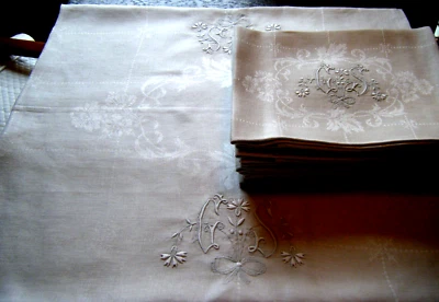 Mantel antiguo + juego 10 servilletas damasco francés lino irlandés GS mono nuevo Foto 1 de 4