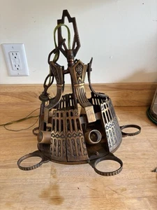 RARE rewired Art Deco Slip Shade Hanging Chandelier 5-light Brass Light 1920's - Picture 1 of 11
