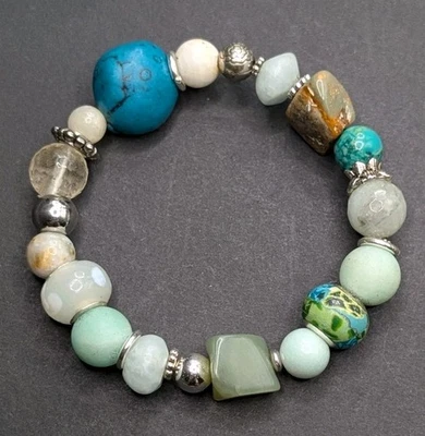 Women's One of a Kind Mixed Green Beaded Stretch Bracelet (16cm) 6" Small Wrist  - Image 1 of 4