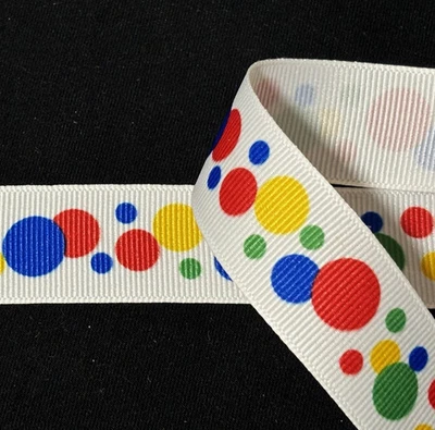 Offray Grosgrain Ribbon 7/8" White wth Polka Dots Red Blue Green 10 yds - Image 1 of 4