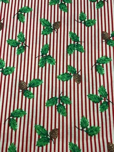 3/4 Yard Red & White Stripes With Holly & Pine Cones 44” Wide  100% Cotton - Picture 1 of 1