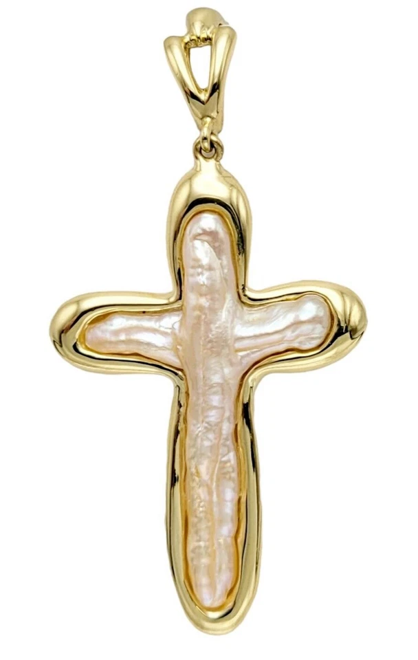 Pingente cruz ouro amarelo e fecho de fiança pérola bolha cultivada 2,5" de comprimento - Imagem 1 de 1
