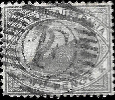 1890 ЗАПАДНАЯ АВСТРАЛИЯ SC#63 ПТИЦА ЛЕБЕДЬ Убийца с Заусеницами "F" (Порт-Сити Фримантл) - Изображение 1 из 2