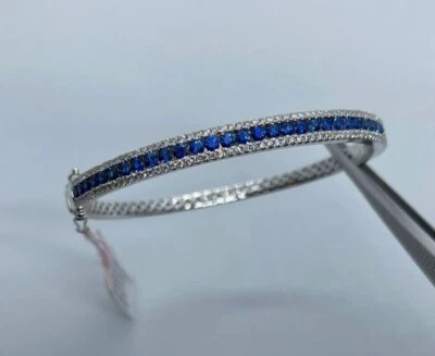 3Ct Round Cut Sapphire Lab Created Women's Bangle Bracelet 14K White Gold Plated - Image 1 of 4