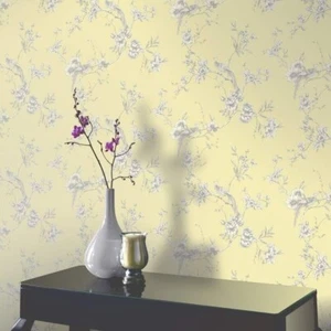 Yellow gray white floral chinois branches flowers chinoiserie birds Wallpaper 3D - Picture 1 of 16