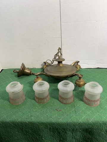 Vtg Antique Nouveau Brass Pan Ceiling Light 4 Arm Chandelier Pink Frosted Glass Cover