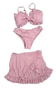 Girls 3-Piece Bikini Swimsuit Sz 8Y Knot Front Ruffle Trim w/ Beach Skirt Set - Picture 1 of 4