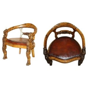 ENGLISH VICTORIAN CIRCA 1840-1860 HAND CARVED LIONS HEAD BROWN LEATHER ARMCHAIR - Picture 1 of 19