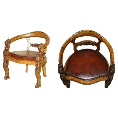 ENGLISH VICTORIAN CIRCA 1840-1860 HAND CARVED LIONS HEAD BROWN LEATHER ARMCHAIR - Image 1 of 4