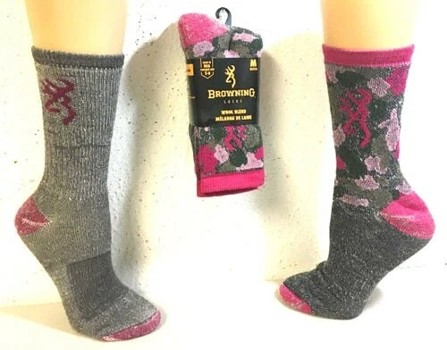 3x BROWNING  BG LADIES 2 PACK WOOL BLEND SOCKS MED GREY/PINK & PINKCAMO  - Image 1 of 4