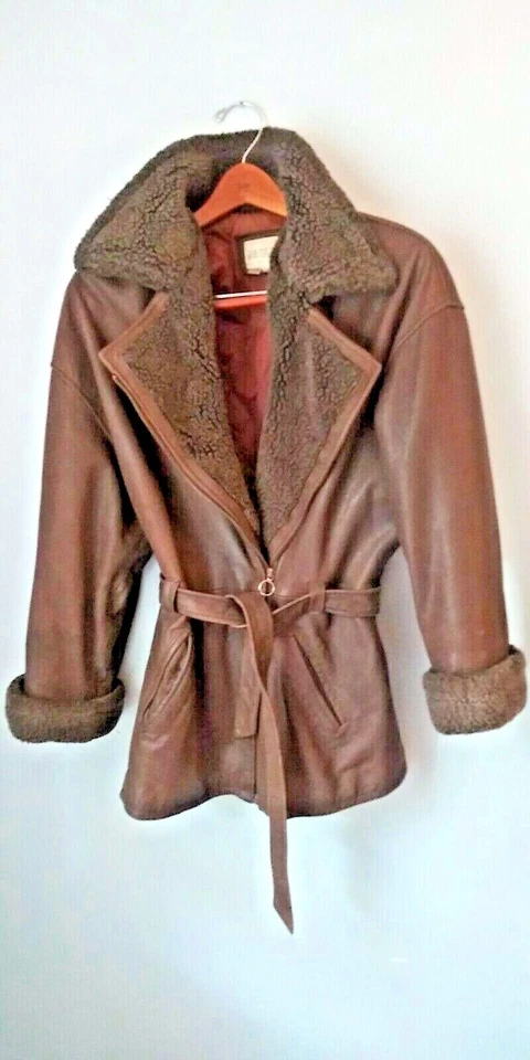 Karin Morgan Brown Aviator Genuine Leather Jacket VTG Fur Collar M - Image 1 of 4