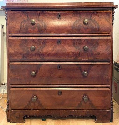 Antik Wurzelholz Nussbaum 4 Schubladen Kommode 102 cm Hoch - Bild 1 von 4