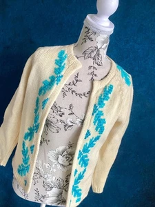 Vintage Open Front Cream Handmade Blue Hand Embroidered Cardigan Sweater - Picture 1 of 7