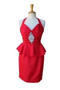 Zum Zum Vintage 80's Halter Peplum Midi Dress Formal Red Taffeta Sequins 6 S - Picture 1 of 4