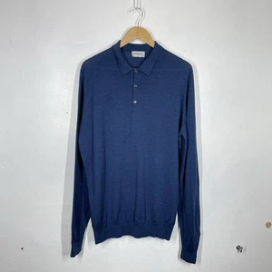John Smedley Polo Shirt Mens XXL Blue Wool Long Sleeve Fashioned Tyburn Collar - Picture 1 of 10