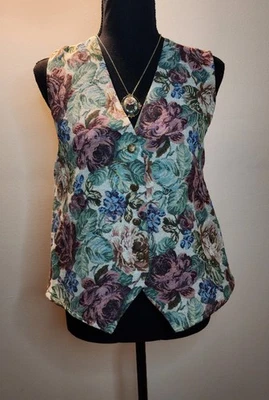 Chaleco Vintage Para Mujer Años 90 Best United Garment Floral Cottagecore Botón Talla L Foto 1 de 4