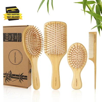 Juego de cepillo y peine de pelo de bambú para mujeres hombres y niños, madera de bambú natural ancho-T Foto 1 de 4