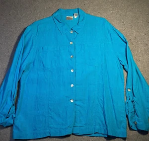 Chicos Damen LEINEN Top Gr. 3 TEAL Chambray lange Rollriegelärmel KNOPFLEISTE - Bild 1 von 11