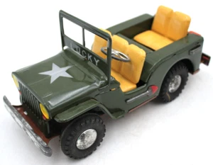 Vintage 8" Tin Friction Motor Green Army LUCKY One Star Willys Jeep Toy Japan - Picture 1 of 6