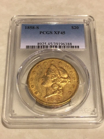 1858-S XF45 PCGS Liberty Double Eagle Type 1 $20 Gold Coin sharp details Cover