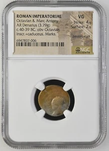 Imperatorio Romano - Octavio y Marco Antonio - 40-39 aC - Denario de Plata - NGC EN MUY BUENA CONDICIÓN - Imagen 1 de 5