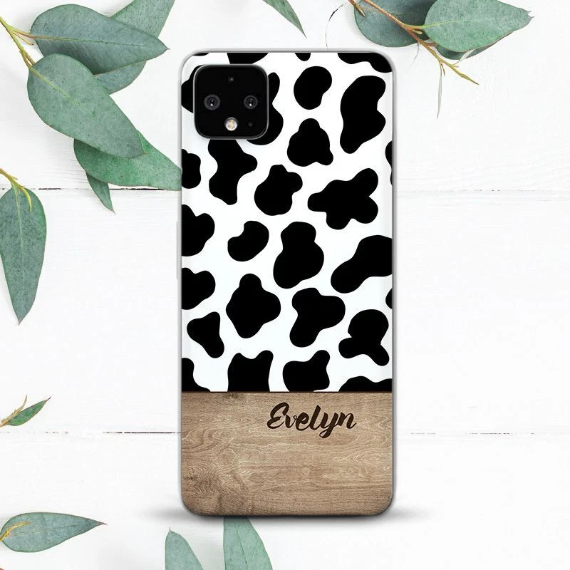 Custom Name Cow Print Wood Case For Google Pixel 2 3 3a 4 4a 5 6 7 8 XL - Image 1 of 1