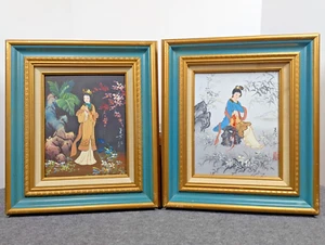 Pair of Vintage Oriental Japanese Geisha Girl Oil Paintings Gilded Wood Frames - Picture 1 of 10