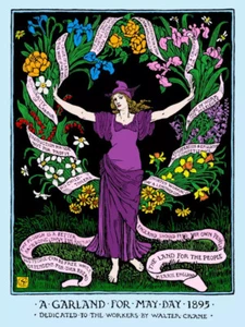 Walter Crane Una ghirlanda per il Primo Maggio Mayday 1895 xilografia poster stampa colorata - Foto 1 di 3