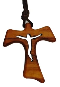 Tau Crucifix St. Francis Olive Wood Cross With Necklace Cord Rope 1.18 inc - Picture 1 of 13
