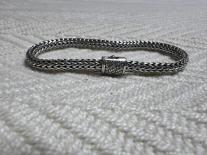 John Hardy Women's Classic Wheat Bracelet 7.25" Sterling Silver Pave Diamond  - Picture 1 of 4