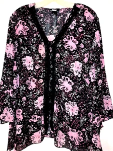 Studio 1940 Shirt Women's 18/20 Black & Pink Floral Ruffle Bell Sleeve (245-2) - Picture 1 of 7