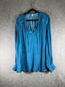 Joie Blouse Women 3X Blue Satin Peasant Long Sleeve Ruffle Ruched Boho - Picture 1 of 7