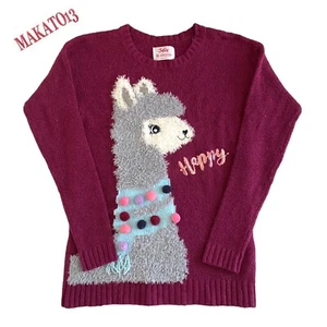Justice Girl’s Size 18 Maroon Llama Sequin Sparkle Pom Pom Long Sleeve Sweater - Picture 1 of 8