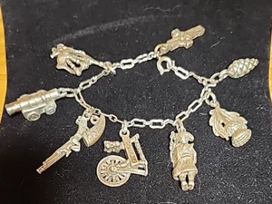 Vintage Pewter Charm Bracelet Bagpipes Celtic Cross Cannon ect. See pics - Picture 1 of 11