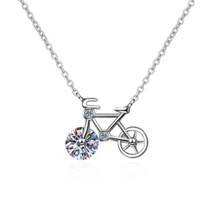 1Ct Round Cut Real Moissanite Bicycle Pendant 18" Free Chain 14K White Gold Over - Picture 1 of 8