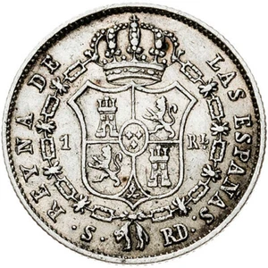 ☆ ☆ SPANISH SILVER • 1 REAL 1850 SEVILLA • ISABEL II ☆ Calico#317 ☆ SPAIN ☆C9872 - Picture 1 of 5
