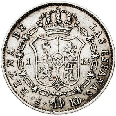 ☆ ☆ SPANISH SILVER • 1 REAL 1850 SEVILLA • ISABEL II ☆ Calico#317 ☆ SPAIN ☆C9872 - Image 1 of 4