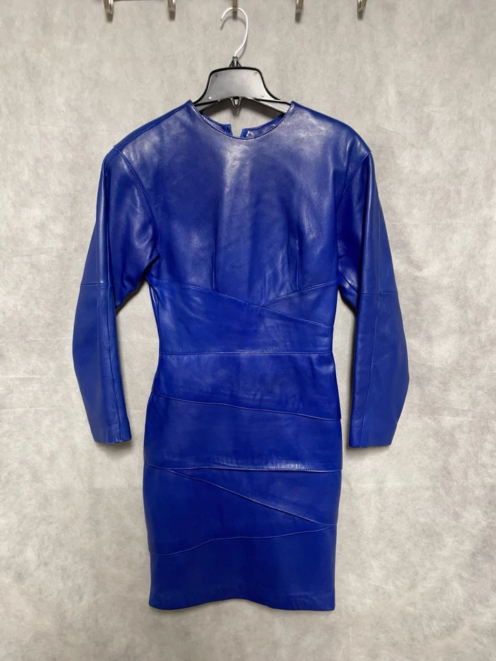 VTG Leather Dress Women 11 12 Royal Blue Lambskin Midi Sexy Sheath Event Luxury - Image 1 of 4