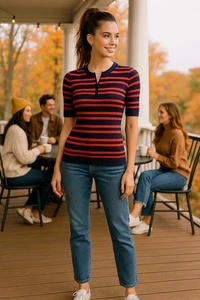 Tory Burch Sport gestreift tailliert Rippstrick Kurzarm 1/4 Reißverschluss dehnbar Large - Bild 1 von 12