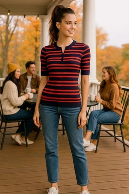 Tory Burch Sport Striped Fitted Ribbed Knit Short Sleeve 1/4 Zip Stretchy Large - Image 1 of 4