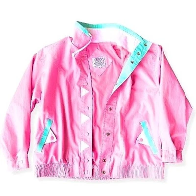 Chaqueta cortavientos geométrica vintage años 80 rosa verde azulado retro mediana Foto 1 de 4