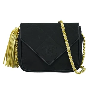 CHANEL CC Tassel Satin Chain Shoulder Bag Black Gold - Picture 1 of 15