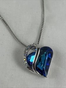 Blue Heart Pendant Necklace Crystal Accents 18k Gold Plated Silver Tone 22” - Picture 1 of 5