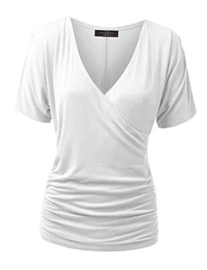  Women's V Neck Short Sleeve Wrap Front Drape Dolman Tunic X-Large Wt1118_white - Picture 1 of 7